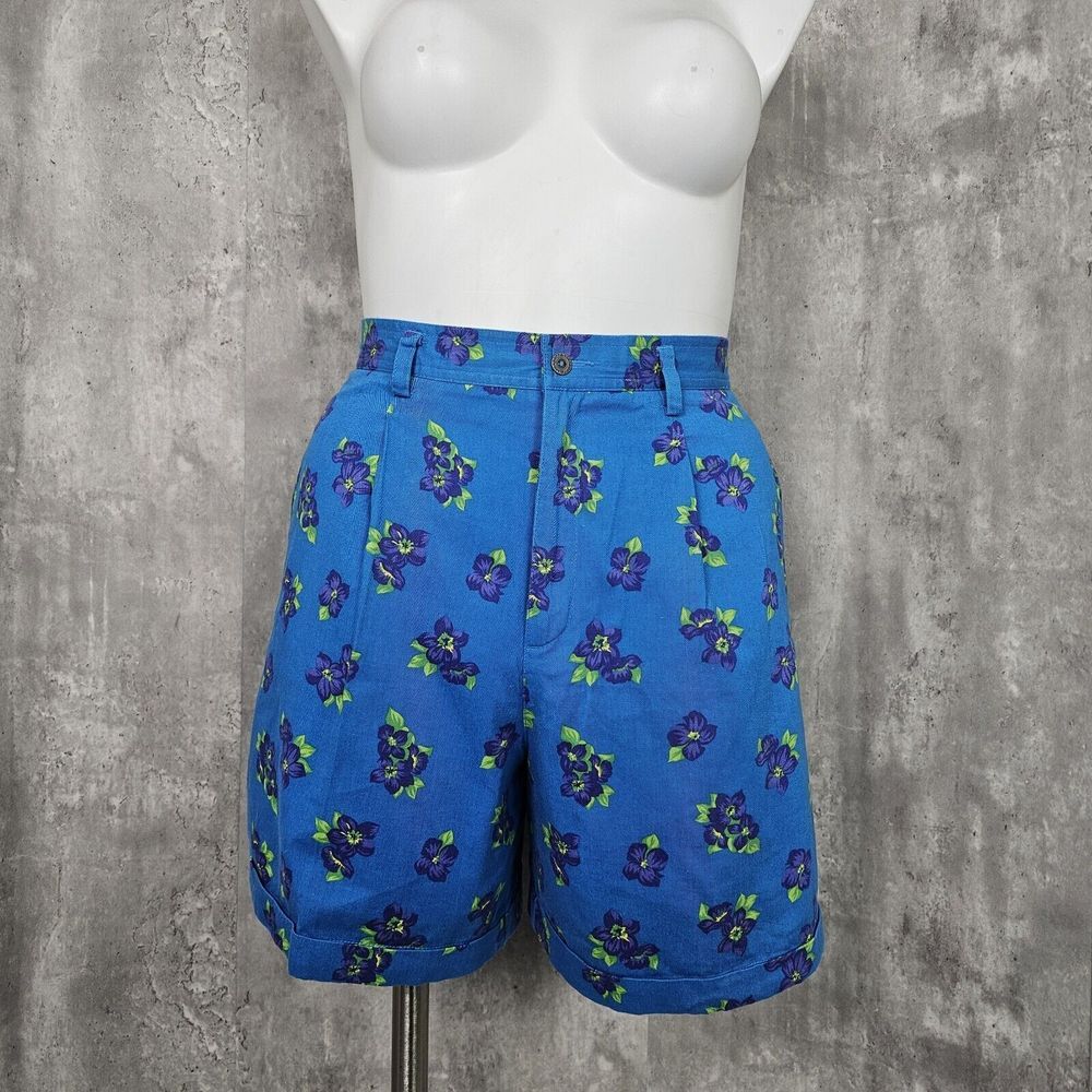 Vintage‎ Lizsport Womens 14 Floral Pleated Hi Waisted Cuffed Mom Shorts